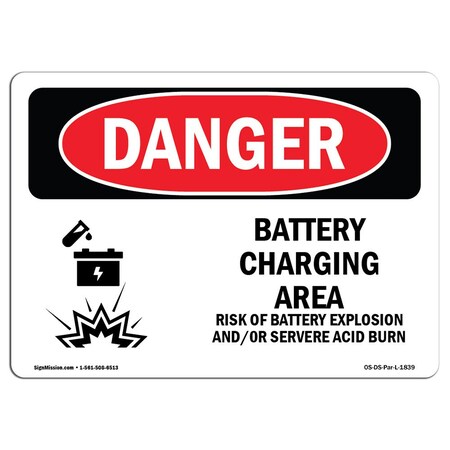 Signmission OSHA Sign, 18" Height, Rigid Plastic, Battery Charging Area Risks, Landscape, 1824-L-1839 OS-DS-P-1824-L-1839